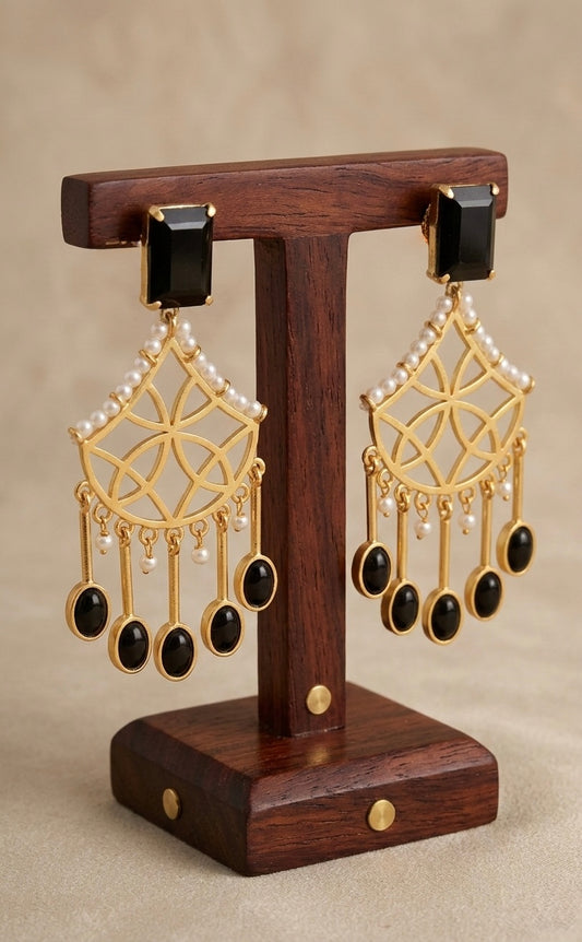 Antique gold tone Black-Pearl long Earrings-dj11502