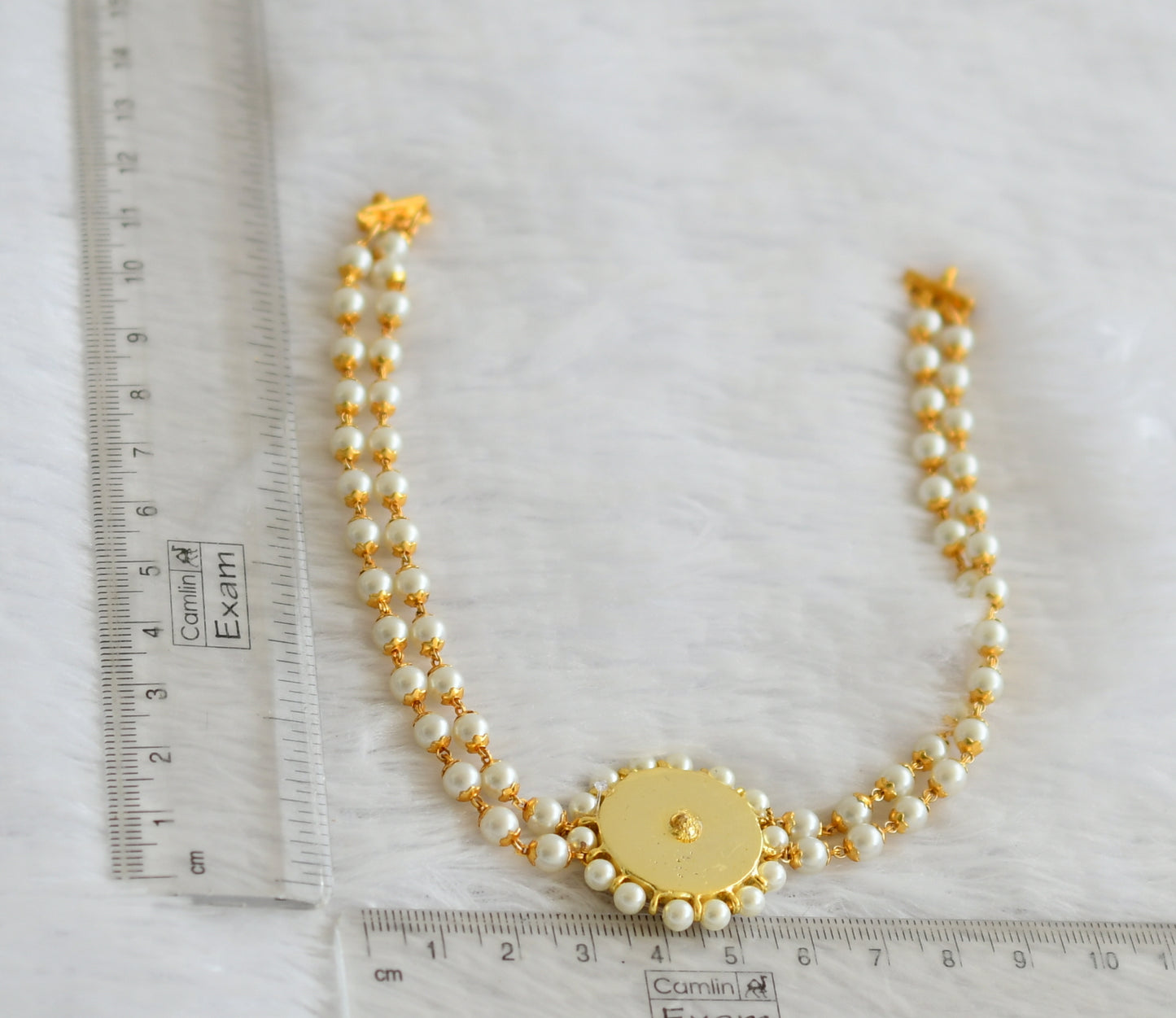 Gold tone semi precious kemp-green-white pearl choker dj-50584