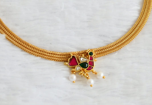 Matte finish pink-green-white kundan jadau peacock choker dj-50578
