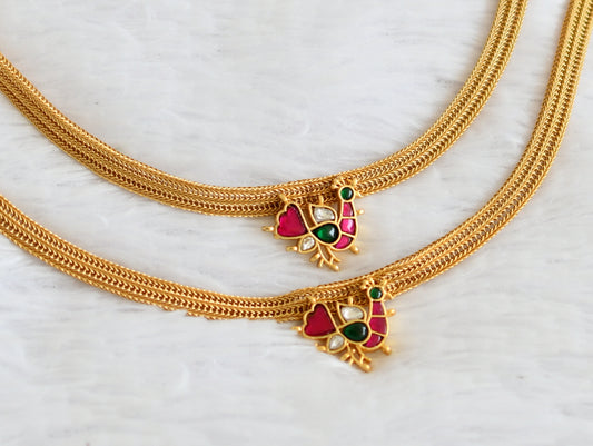Matte finish pink-green-white kundan jadau peacock anklets dj-50581