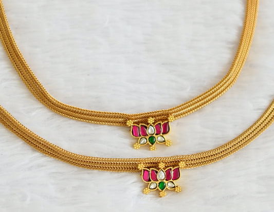 Matte finish pink-green-white kundan jadau lotus anklets dj-50582