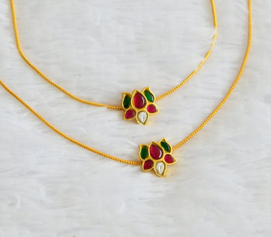 Gold tone pink-green-white lotus kundan jadau anklets dj-50583