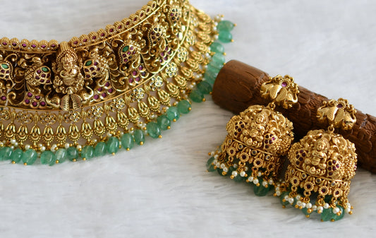 Antique gold tone kemp-green-white lakshmi peacock green beaded bridal choker set dj-50604