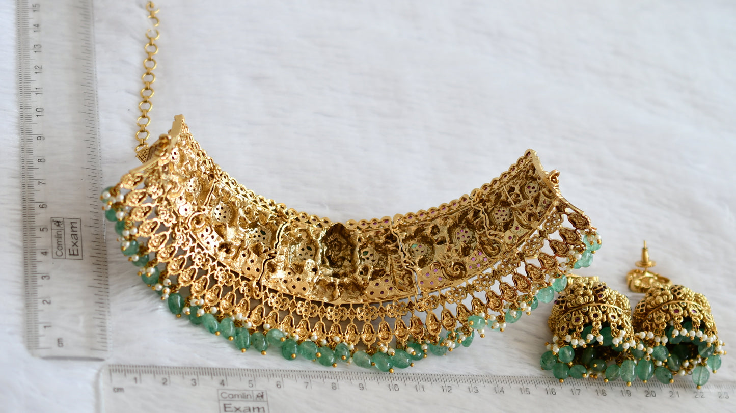 Antique gold tone kemp-green-white lakshmi peacock green beaded bridal choker set dj-50604