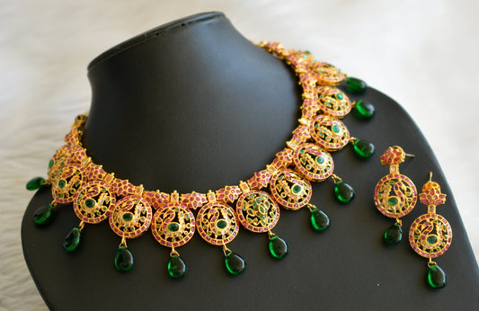 Gold tone semi precious ruby-emerald uncut polki stone green bead peacock necklace set dj-45277