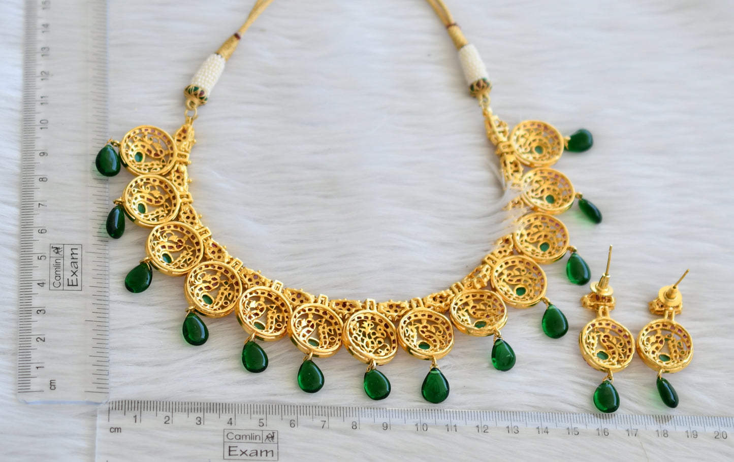Gold tone semi precious ruby-emerald uncut polki stone green bead peacock necklace set dj-45277
