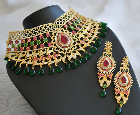 Gold tone cz ruby-emerald-white green beaded bridal choker necklace set dj-45278