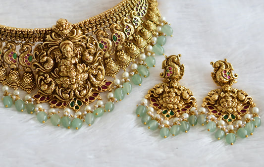 Antique gold tone kemp-green peacock lakshmi green beaded choker set dj-50605