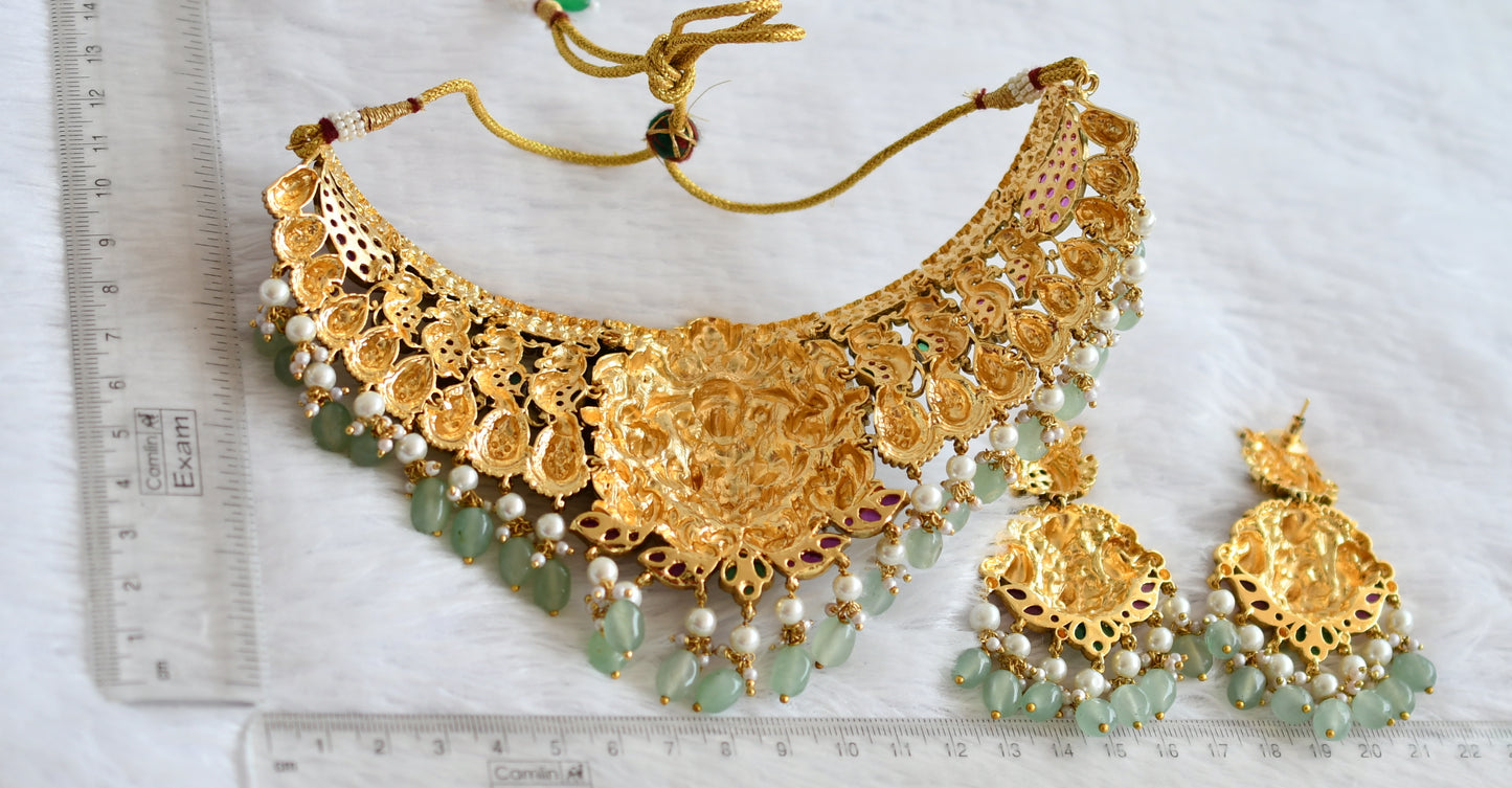 Antique gold tone kemp-green peacock lakshmi green beaded choker set dj-50605