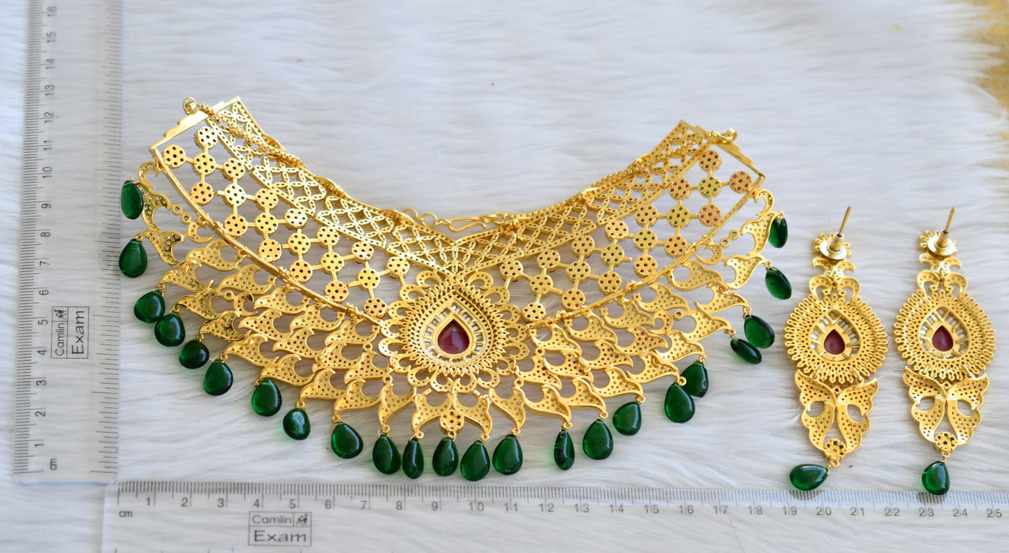 Gold tone cz ruby-emerald-white green beaded bridal choker necklace set dj-45278