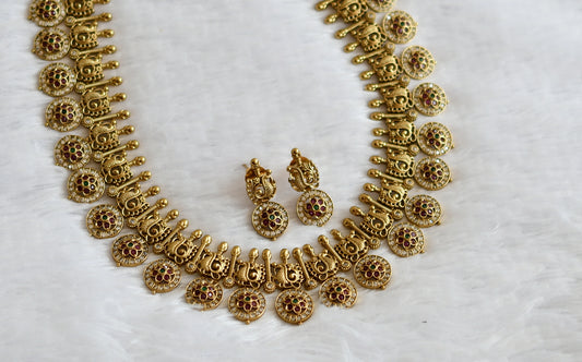 Matte finish ruby-green-white pracock-flower bottu mala short haar set dj-50598
