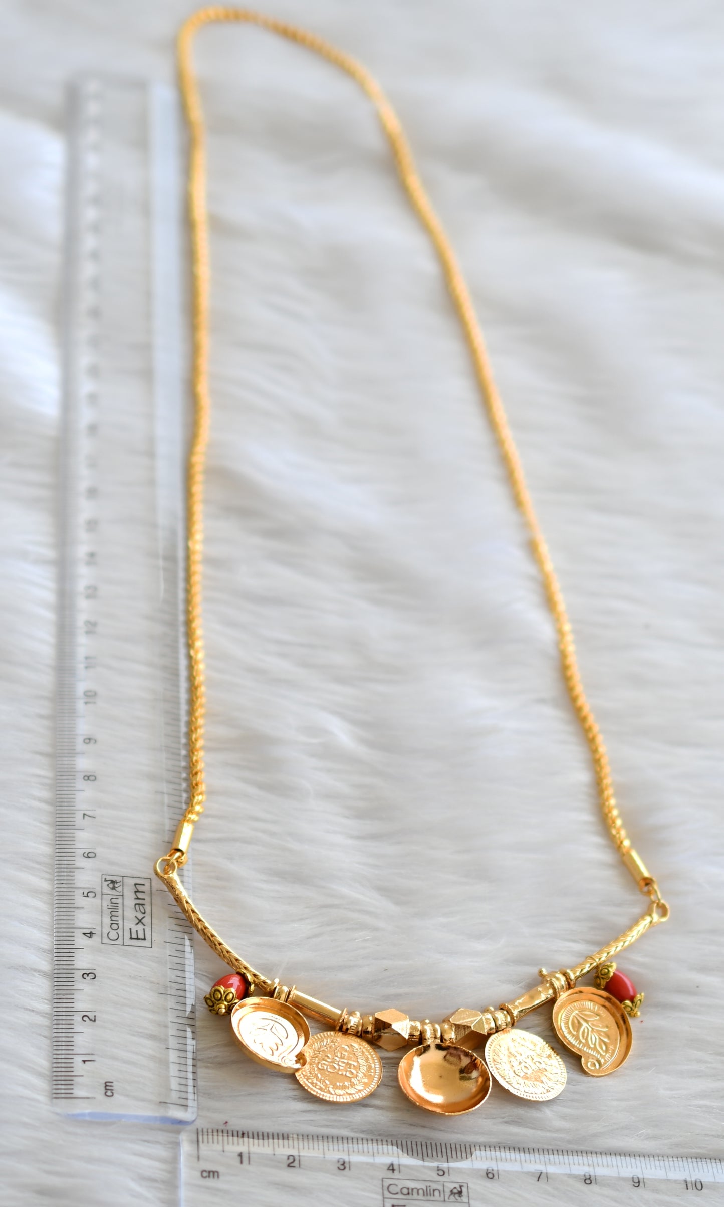 Gold tone 24 inches rope chain with coral mango lakshmi coin bottu mangalyam dj-43634