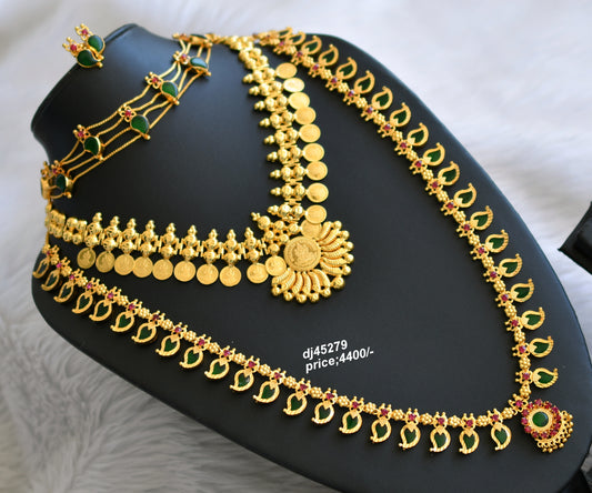 Gold tone pink-green mango lakshmi coin kerala style combo haar set dj-45279