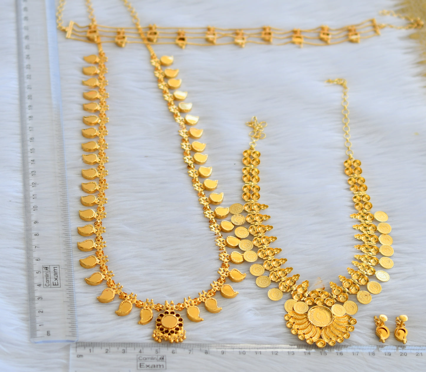 Gold tone pink-green mango lakshmi coin kerala style combo haar set dj-45279