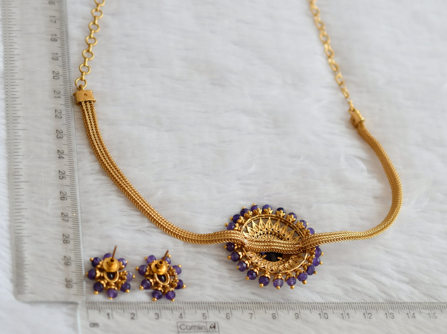 Matte finish purple oval stone necklace set dj-50590