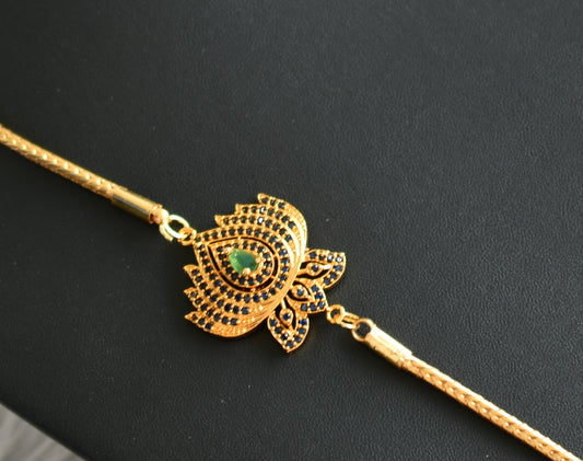 Gold tone blue-green stone Lotus mugappu chain dj-42337
