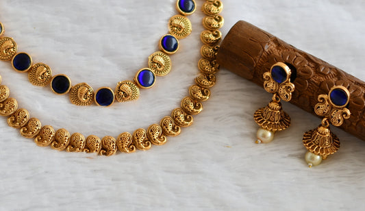 Antique gold tone blue stone mango double layer necklace set dj-50591