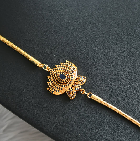 Gold tone blue stone Lotus mugappu chain dj-42338