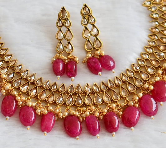 Antique gold tone gold stone ruby beaded polki necklace set dj-50592