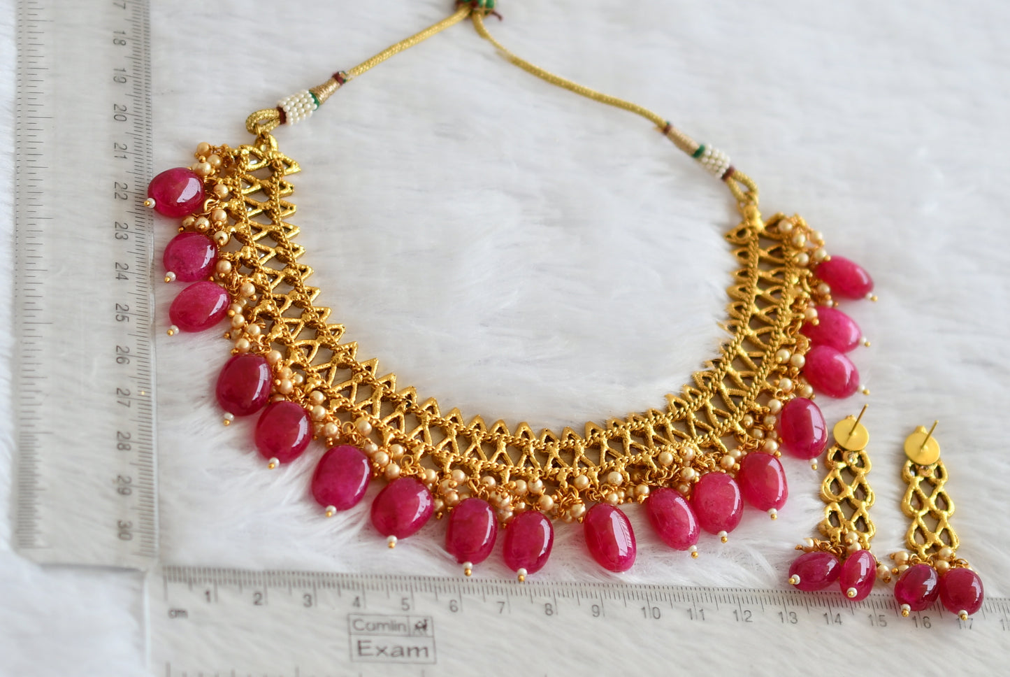 Antique gold tone gold stone ruby beaded polki necklace set dj-50592