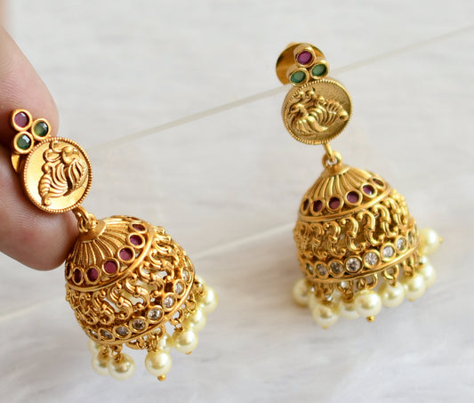 Matte finish ruby-green-white pearl bead peacock jhumkka dj-50600
