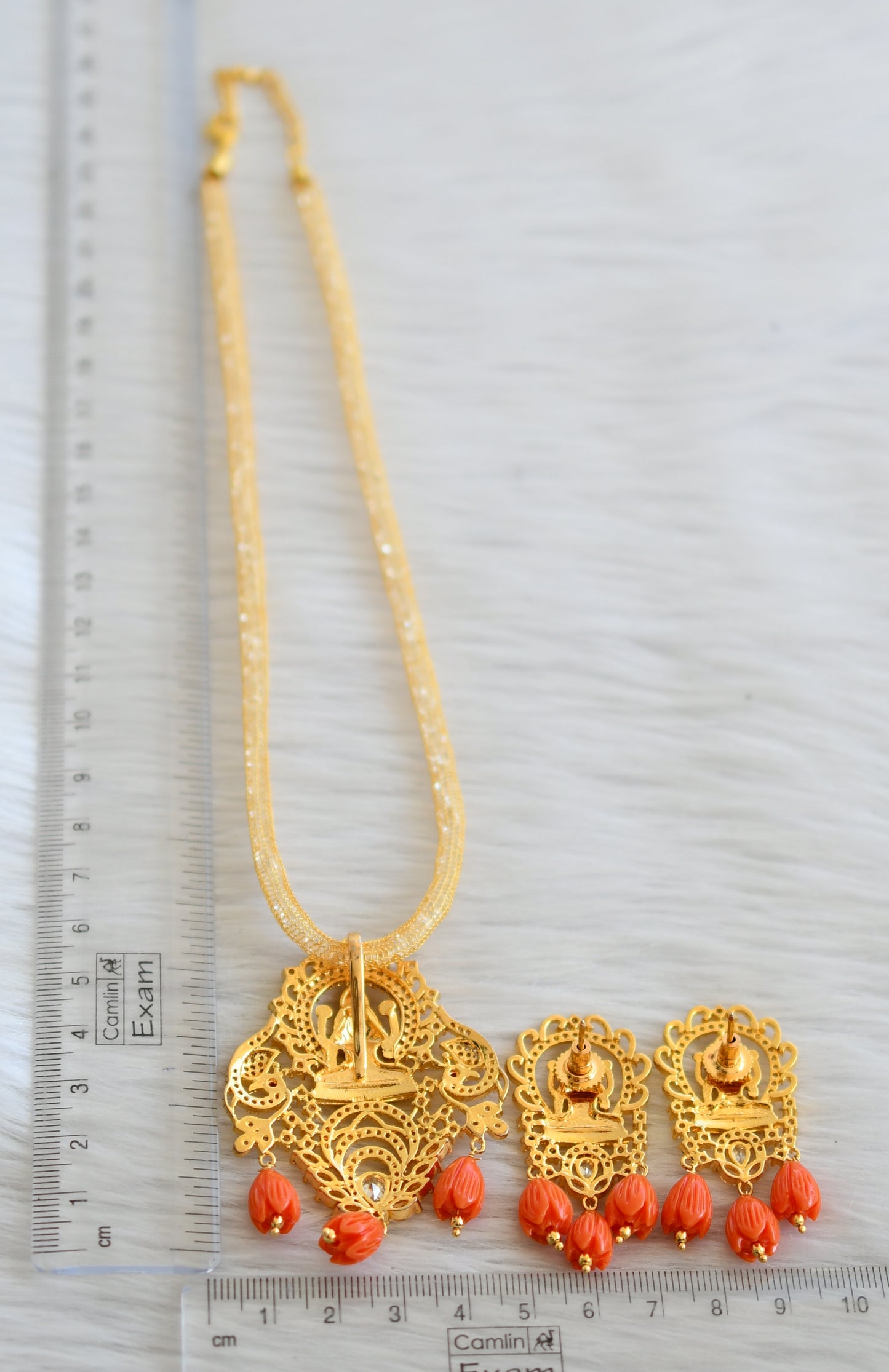 Gold tone cz ruby-white tulip beaded lakshmi necklace set dj-45293