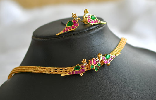 Gold look alike pink-green kundan jadau lotus choker/necklace set dj-35015