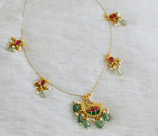 Gold tone pink-green kundan jadau peacock green bead invisible necklace dj-50613