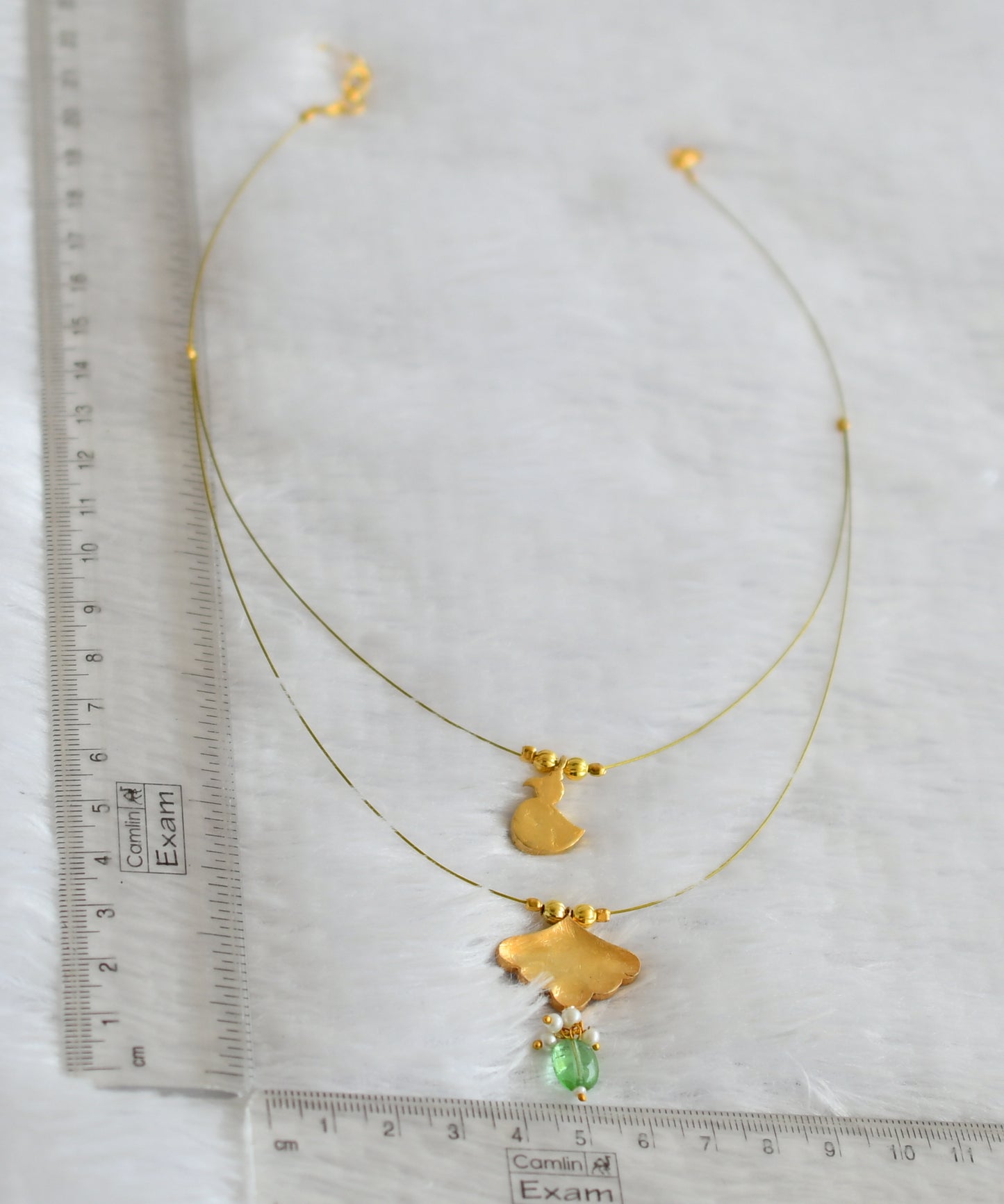 Gold tone pink-green kundan jadau double layer invisible necklace dj-50616