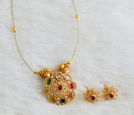 Matte finish navarathna white stone flower invisible necklace set dj-50610