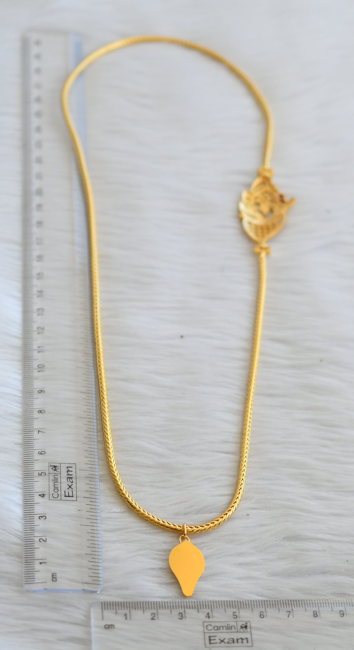 Gold tone 24 inches ruby peacock mugappu chain with elakka thali pendant dj-45292