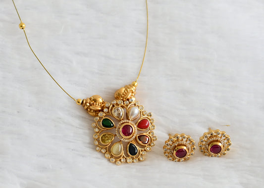 Matte finish navarathna-white stone flower invisible necklace set dj-50609