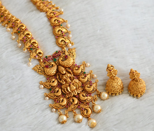 Matte finish ruby-emerald pearl lakshmi-peacock haar set dj-48767