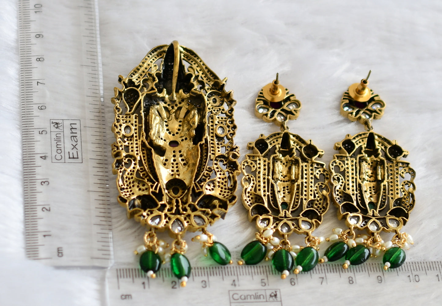 Antique gold tone sri Thirumal cz kemp-green stone green bead victorian pendant set dj-46969