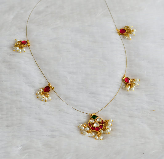 Gold tone pink-green-white kundan jadau pearl cluster invisible necklace dj-50615