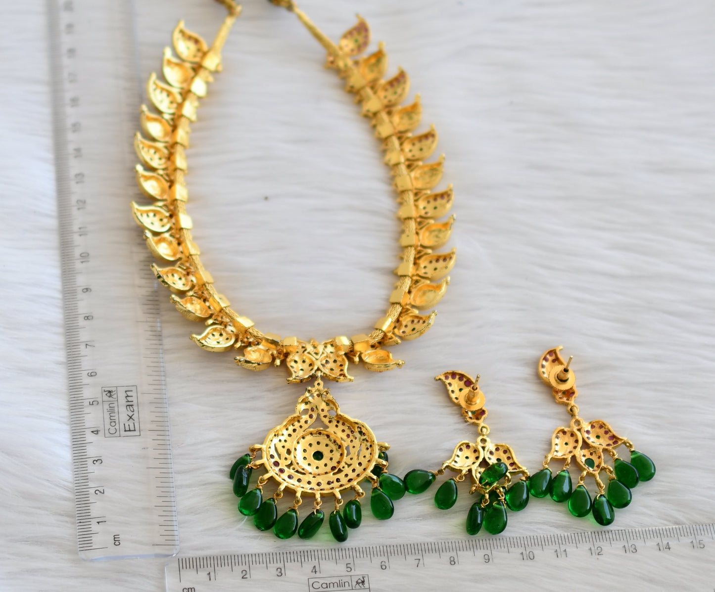 Gold tone ruby-emerald-white mango lakshmi necklace set dj-45297