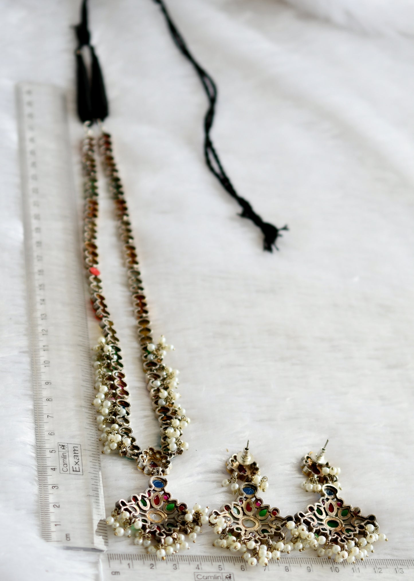 Silver tone Navarathna haar set dj-42168