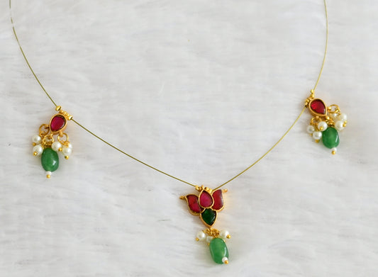 Gold tone pink-green kundan jadau lotus green bead invisible necklace dj-50612