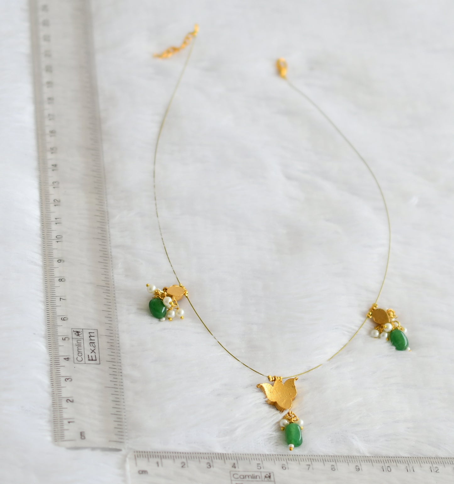 Gold tone pink-green kundan jadau lotus green bead invisible necklace dj-50612