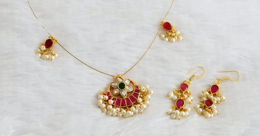 Gold tone pink-green-white kundan jadau flower moon pearl cluster invisible necklace dj-50617