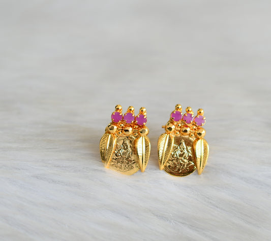 Gold tone pink stone Lakshmi coin stud/earrings dj-42350
