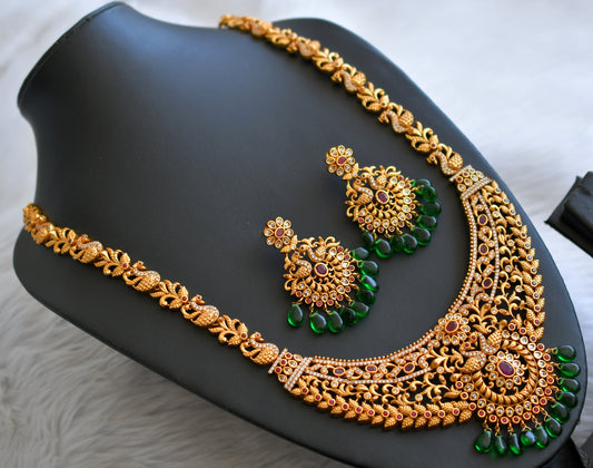 Matte finish ruby-white green beaded peacock haar set dj-45300