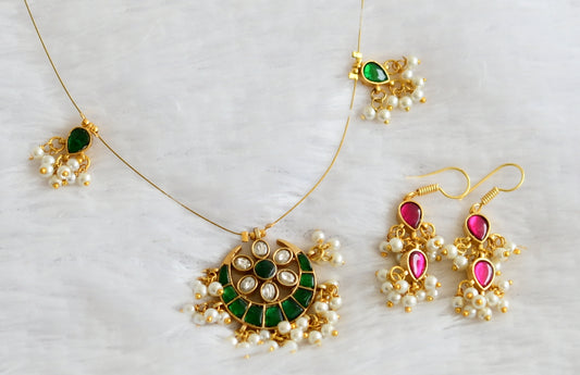 Gold tone green-white kundan jadau moon-flower pearl cluster invisible necklace set dj-50625