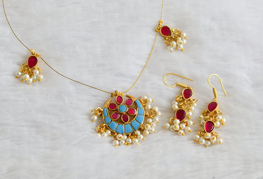 Gold tone pink-sky blue kundan jadau moon flower pearl cluster invisible necklace set dj-50627
