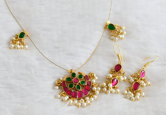 Gold tone pink-green kundan jadau moon-flower pearl cluster necklace set dj-50624