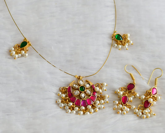 Gold tone pink-green-white kundan jadau moon flower invisible necklace set dj-50623
