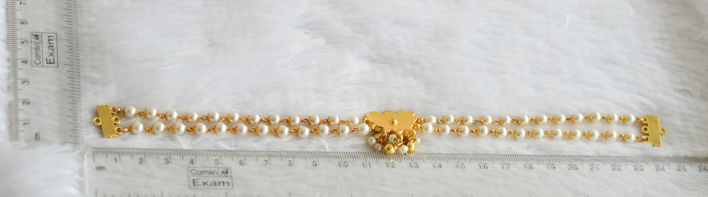 Gold tone pink -green pearl kundan jadau lotus necklace dj-42794