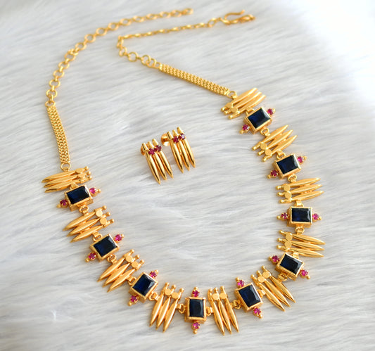 Gold tone kerala style pink-blue block stone mulla mottu necklace set dj-43662