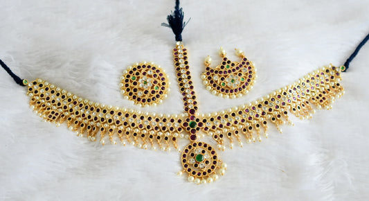Gold tone precious kemp-green-white pearl mango maang tikka dj-50601