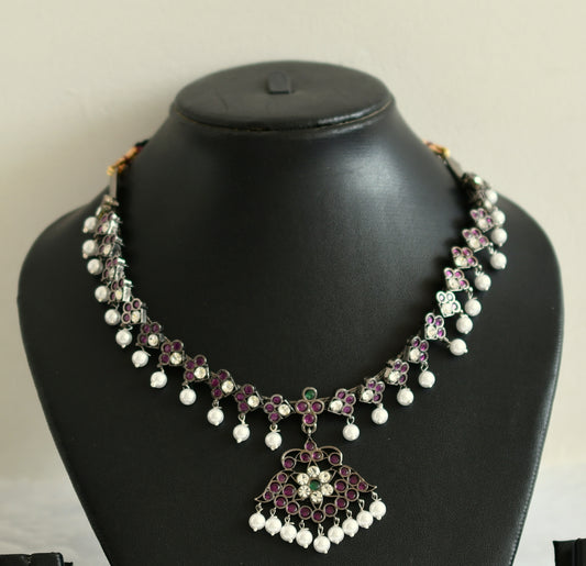 Black finish precious kemp-green-white pearl necklace dj-50629